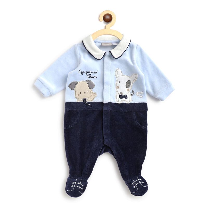 Boys Light Blue Velour Front Opening Babysuit image number null